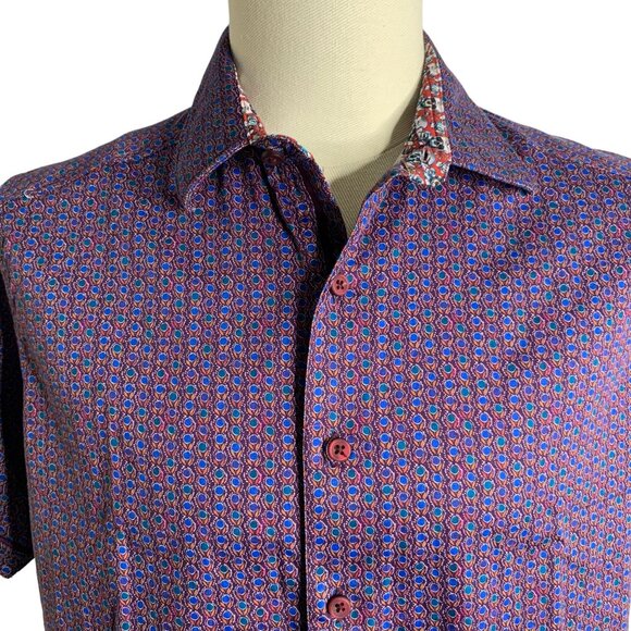 Robert Graham Button Up Short Sleeve Shirt S Purple Geometric Skulls Embroidery - Picture 2 of 8